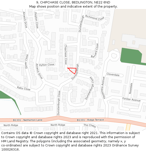 9, CHIPCHASE CLOSE, BEDLINGTON, NE22 6ND: Location map and indicative extent of plot