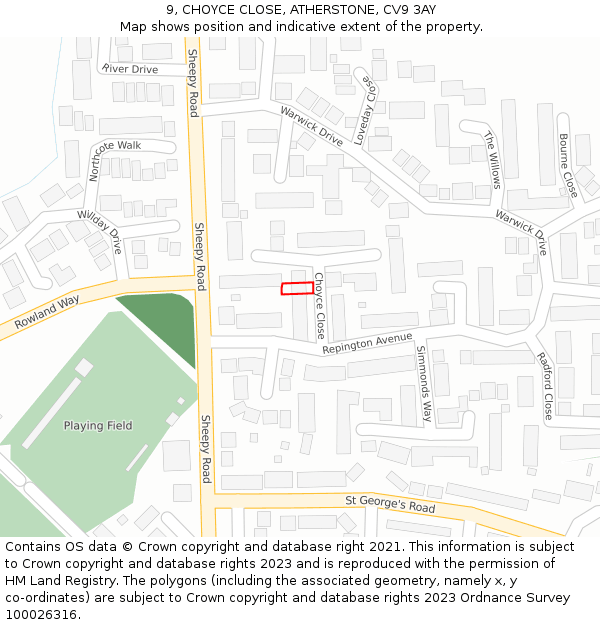 9, CHOYCE CLOSE, ATHERSTONE, CV9 3AY: Location map and indicative extent of plot