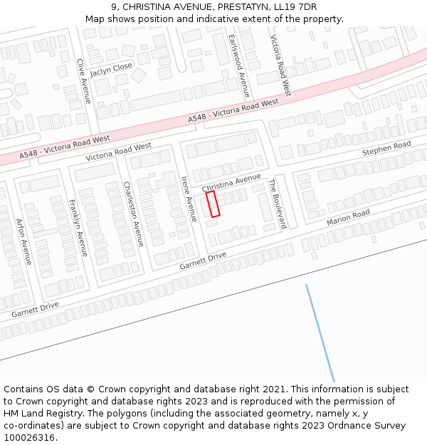 9, CHRISTINA AVENUE, PRESTATYN, LL19 7DR: Location map and indicative extent of plot