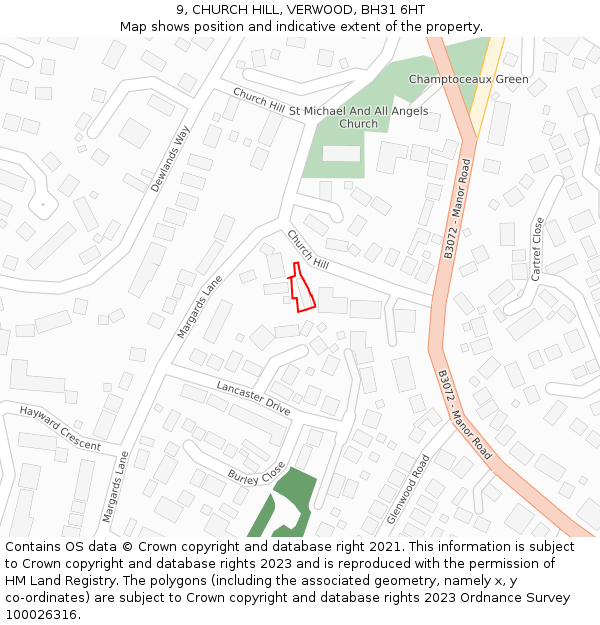 9, CHURCH HILL, VERWOOD, BH31 6HT: Location map and indicative extent of plot