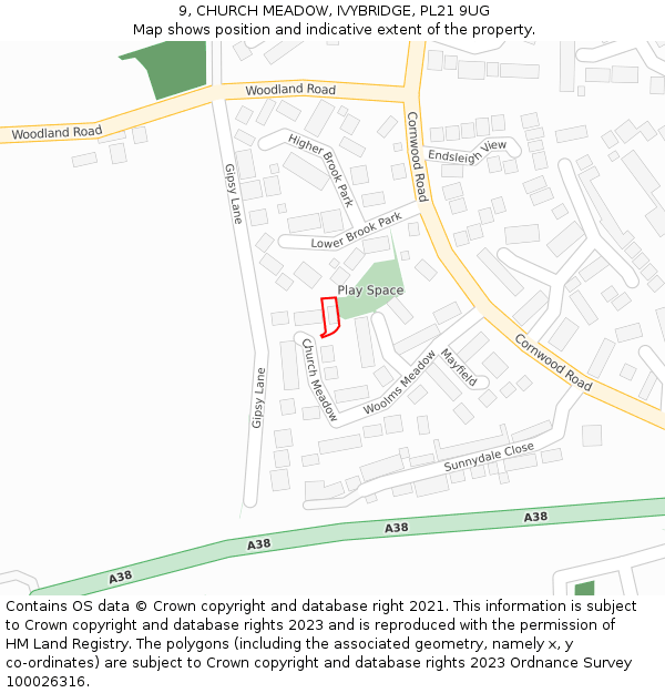 9, CHURCH MEADOW, IVYBRIDGE, PL21 9UG: Location map and indicative extent of plot