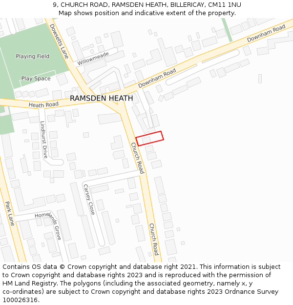 9, CHURCH ROAD, RAMSDEN HEATH, BILLERICAY, CM11 1NU: Location map and indicative extent of plot