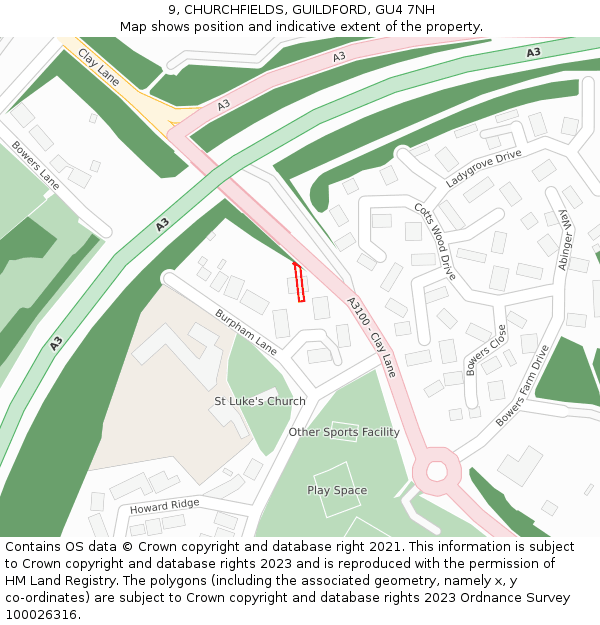 9, CHURCHFIELDS, GUILDFORD, GU4 7NH: Location map and indicative extent of plot