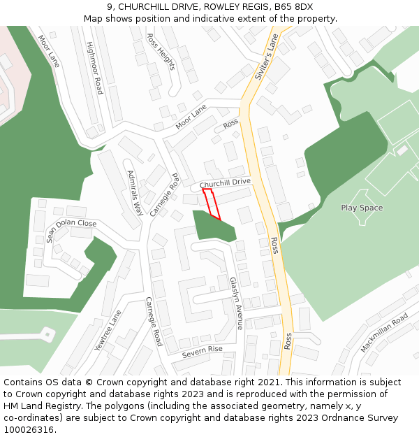 9, CHURCHILL DRIVE, ROWLEY REGIS, B65 8DX: Location map and indicative extent of plot