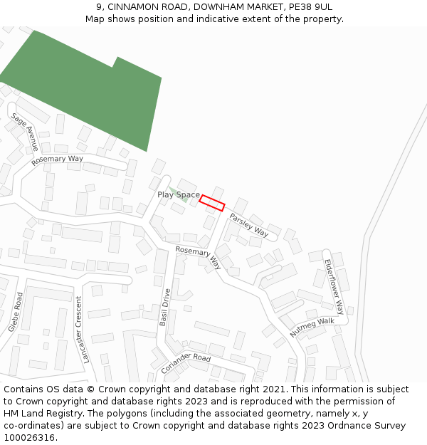 9, CINNAMON ROAD, DOWNHAM MARKET, PE38 9UL: Location map and indicative extent of plot