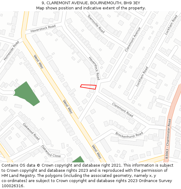 9, CLAREMONT AVENUE, BOURNEMOUTH, BH9 3EY: Location map and indicative extent of plot