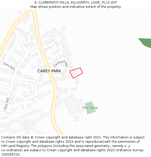 9, CLAREMONT FALLS, KILLIGARTH, LOOE, PL13 2HT: Location map and indicative extent of plot