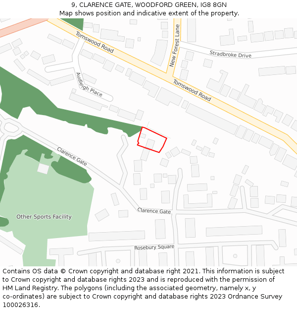 9, CLARENCE GATE, WOODFORD GREEN, IG8 8GN: Location map and indicative extent of plot
