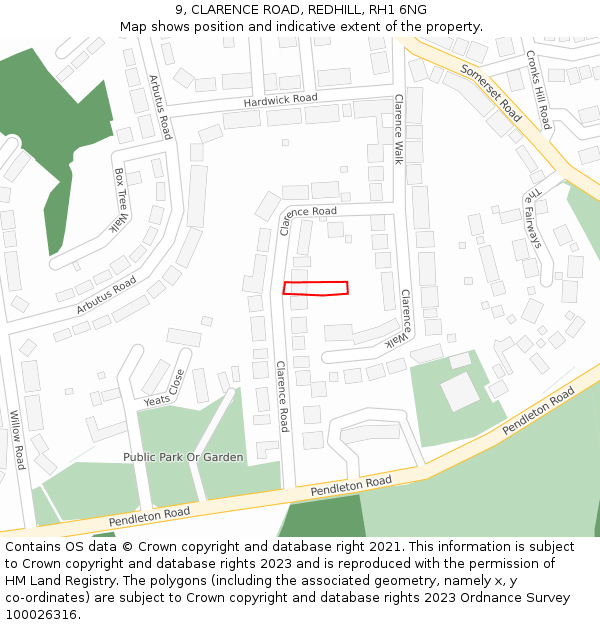 9, CLARENCE ROAD, REDHILL, RH1 6NG: Location map and indicative extent of plot