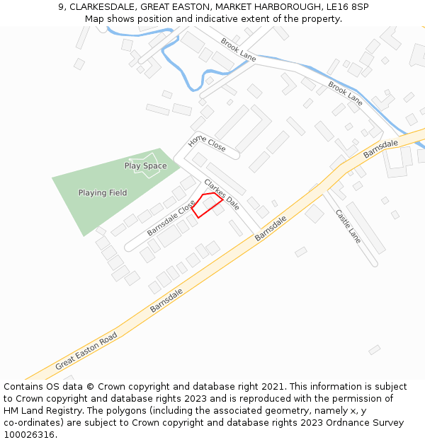 9, CLARKESDALE, GREAT EASTON, MARKET HARBOROUGH, LE16 8SP: Location map and indicative extent of plot