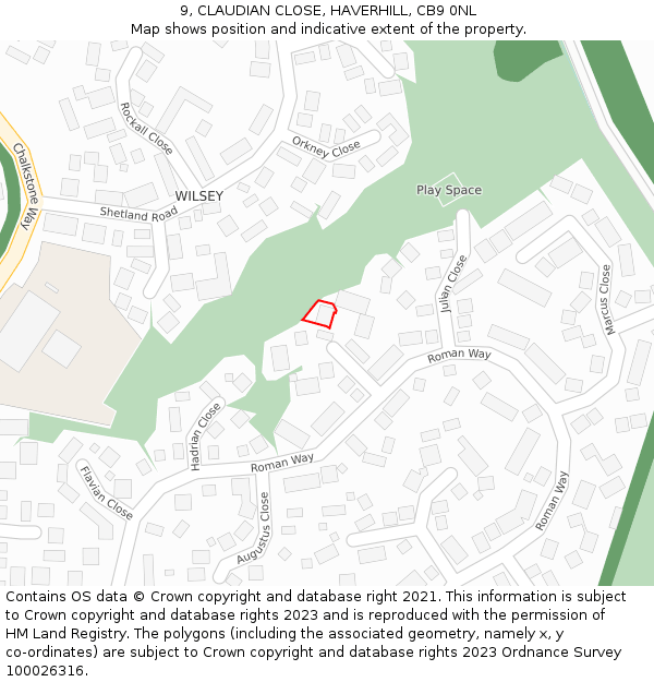 9, CLAUDIAN CLOSE, HAVERHILL, CB9 0NL: Location map and indicative extent of plot