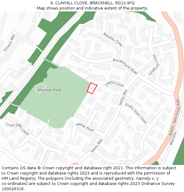 9, CLAYHILL CLOSE, BRACKNELL, RG12 9FQ: Location map and indicative extent of plot