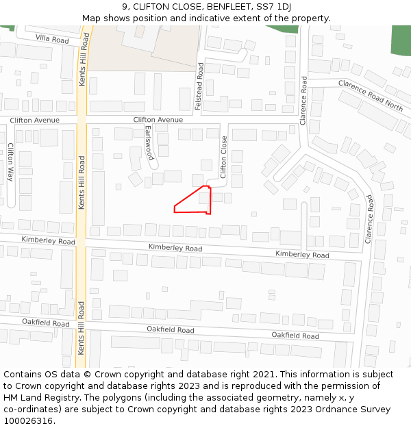 9, CLIFTON CLOSE, BENFLEET, SS7 1DJ: Location map and indicative extent of plot