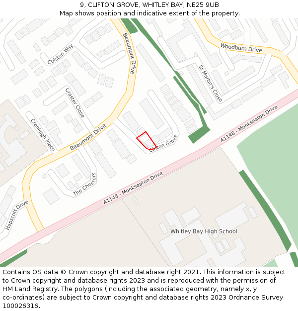 9, CLIFTON GROVE, WHITLEY BAY, NE25 9UB: Location map and indicative extent of plot