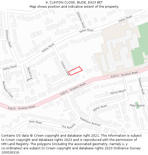 9, CLINTON CLOSE, BUDE, EX23 8ET: Location map and indicative extent of plot