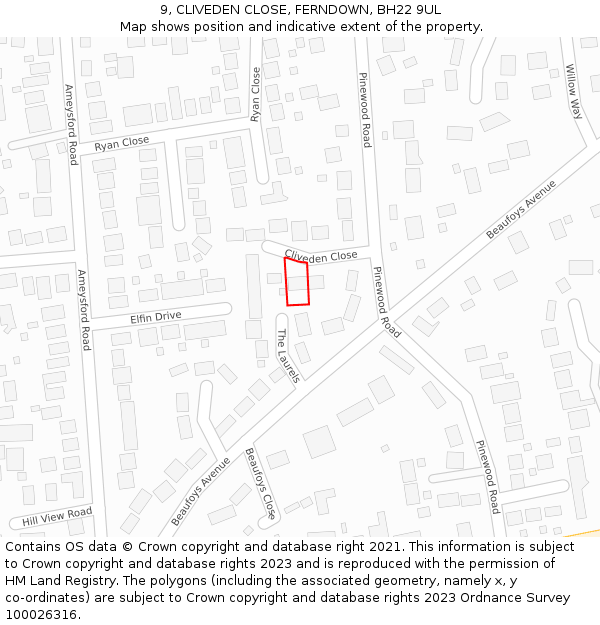 9, CLIVEDEN CLOSE, FERNDOWN, BH22 9UL: Location map and indicative extent of plot