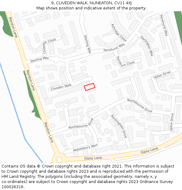 9, CLIVEDEN WALK, NUNEATON, CV11 4XJ: Location map and indicative extent of plot