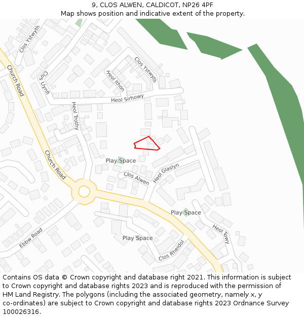 9, CLOS ALWEN, CALDICOT, NP26 4PF: Location map and indicative extent of plot