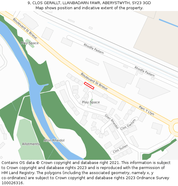 9, CLOS GERALLT, LLANBADARN FAWR, ABERYSTWYTH, SY23 3GD: Location map and indicative extent of plot