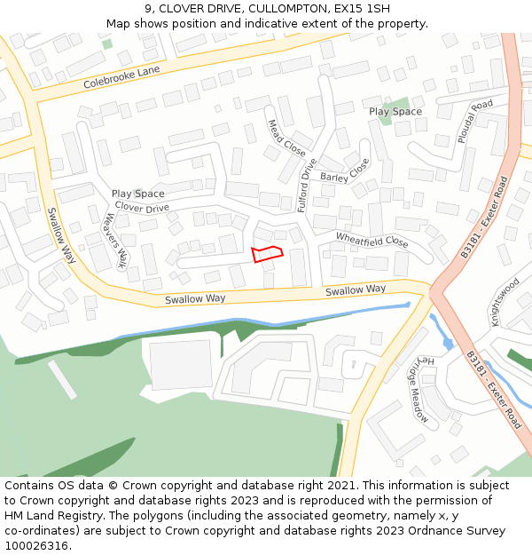 9, CLOVER DRIVE, CULLOMPTON, EX15 1SH: Location map and indicative extent of plot