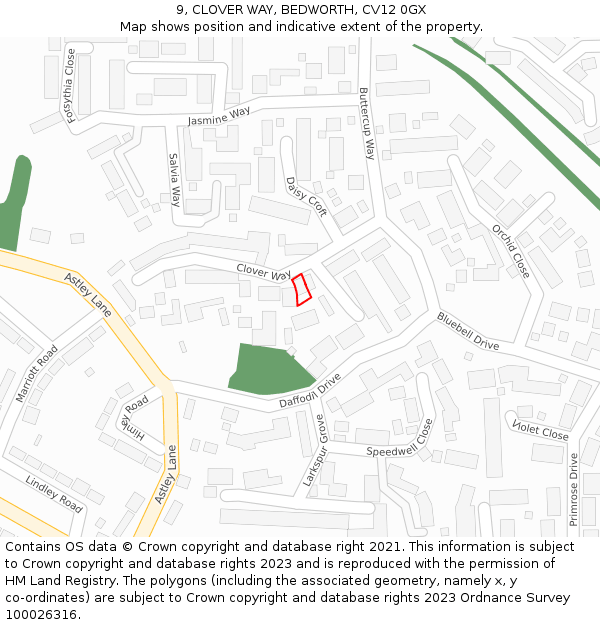 9, CLOVER WAY, BEDWORTH, CV12 0GX: Location map and indicative extent of plot