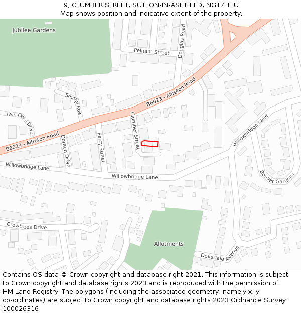 9, CLUMBER STREET, SUTTON-IN-ASHFIELD, NG17 1FU: Location map and indicative extent of plot