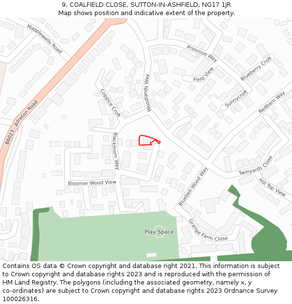 9, COALFIELD CLOSE, SUTTON-IN-ASHFIELD, NG17 1JR: Location map and indicative extent of plot