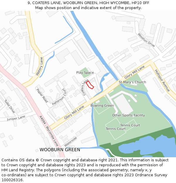 9, COATERS LANE, WOOBURN GREEN, HIGH WYCOMBE, HP10 0FF: Location map and indicative extent of plot