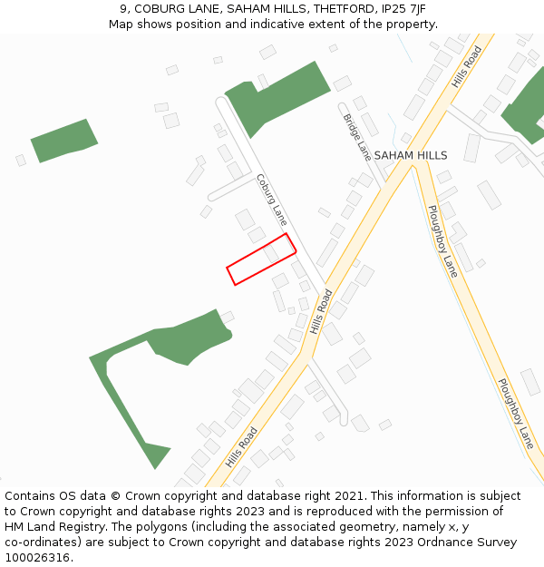 9, COBURG LANE, SAHAM HILLS, THETFORD, IP25 7JF: Location map and indicative extent of plot