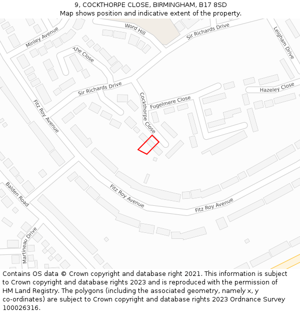 9, COCKTHORPE CLOSE, BIRMINGHAM, B17 8SD: Location map and indicative extent of plot