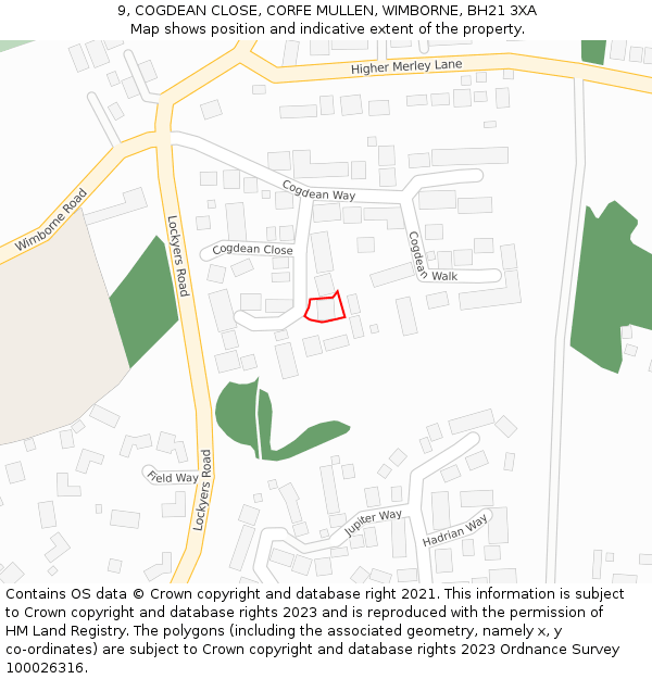 9, COGDEAN CLOSE, CORFE MULLEN, WIMBORNE, BH21 3XA: Location map and indicative extent of plot