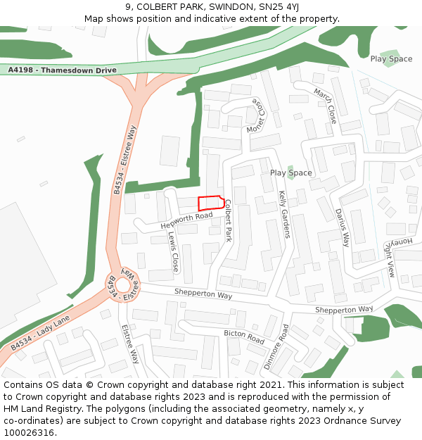 9, COLBERT PARK, SWINDON, SN25 4YJ: Location map and indicative extent of plot