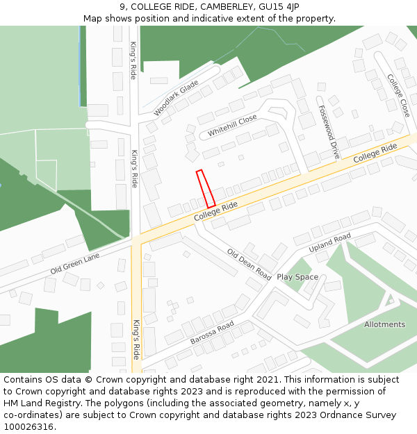 9, COLLEGE RIDE, CAMBERLEY, GU15 4JP: Location map and indicative extent of plot