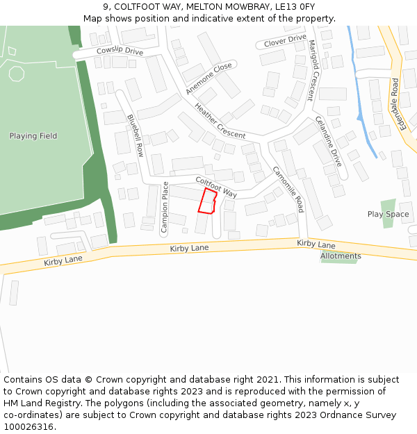 9, COLTFOOT WAY, MELTON MOWBRAY, LE13 0FY: Location map and indicative extent of plot