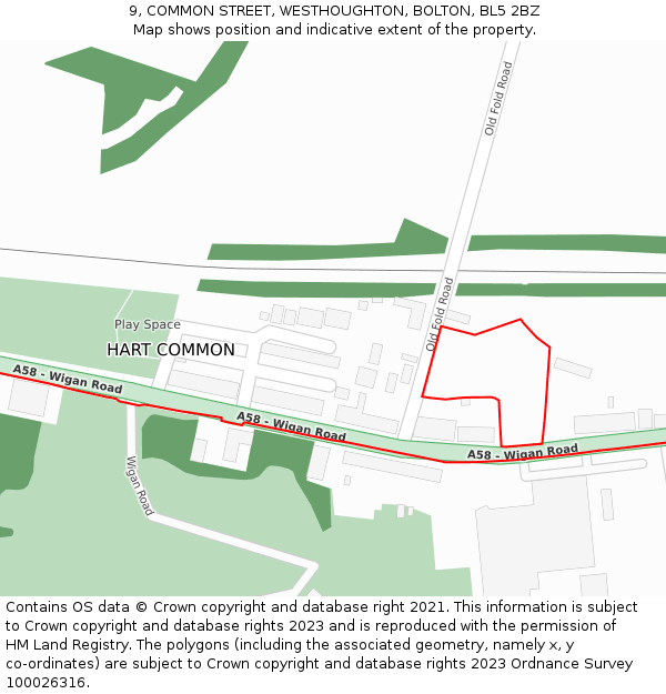 9, COMMON STREET, WESTHOUGHTON, BOLTON, BL5 2BZ: Location map and indicative extent of plot