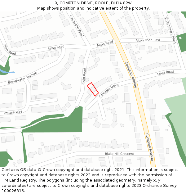 9, COMPTON DRIVE, POOLE, BH14 8PW: Location map and indicative extent of plot
