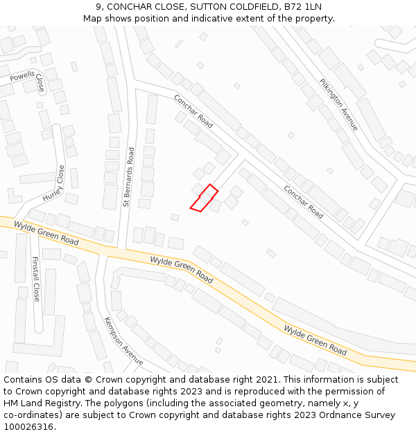 9, CONCHAR CLOSE, SUTTON COLDFIELD, B72 1LN: Location map and indicative extent of plot