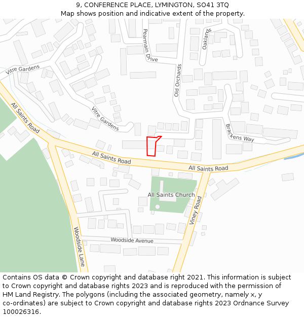 9, CONFERENCE PLACE, LYMINGTON, SO41 3TQ: Location map and indicative extent of plot