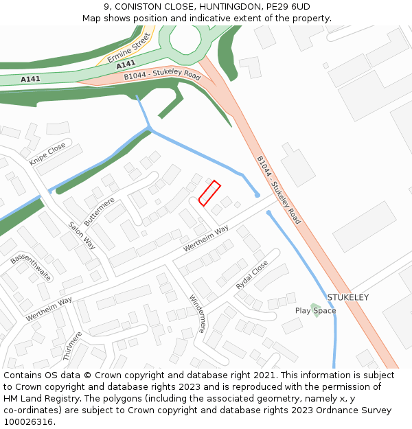 9, CONISTON CLOSE, HUNTINGDON, PE29 6UD: Location map and indicative extent of plot