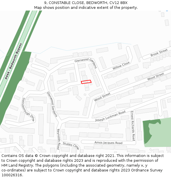 9, CONSTABLE CLOSE, BEDWORTH, CV12 8BX: Location map and indicative extent of plot