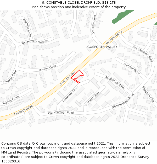 9, CONSTABLE CLOSE, DRONFIELD, S18 1TE: Location map and indicative extent of plot