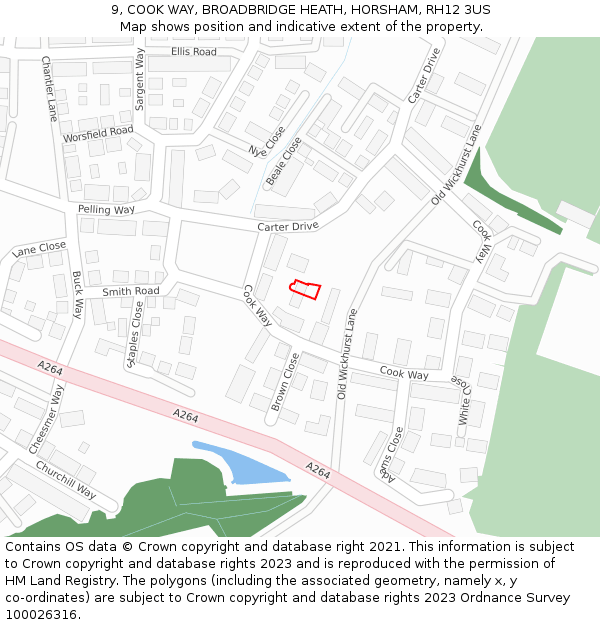 9, COOK WAY, BROADBRIDGE HEATH, HORSHAM, RH12 3US: Location map and indicative extent of plot