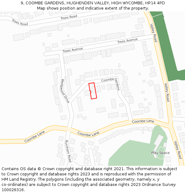 9, COOMBE GARDENS, HUGHENDEN VALLEY, HIGH WYCOMBE, HP14 4PD: Location map and indicative extent of plot
