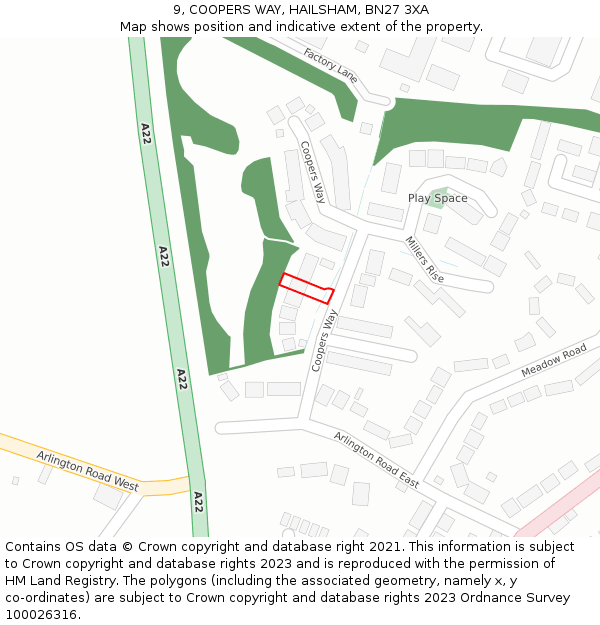 9, COOPERS WAY, HAILSHAM, BN27 3XA: Location map and indicative extent of plot