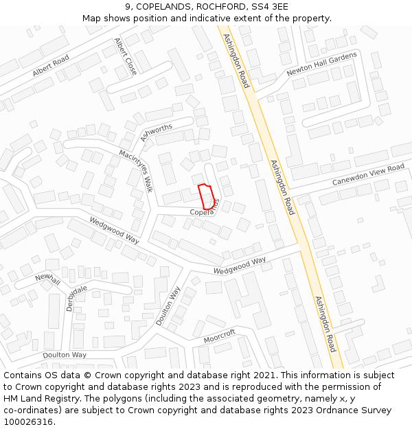 9, COPELANDS, ROCHFORD, SS4 3EE: Location map and indicative extent of plot