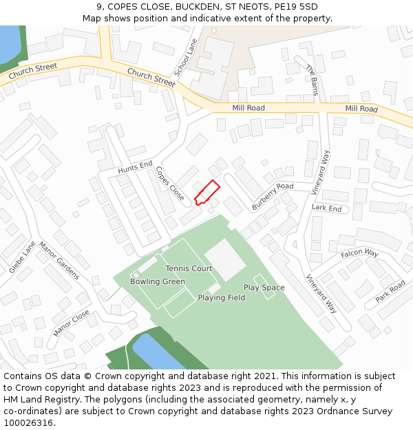 9, COPES CLOSE, BUCKDEN, ST NEOTS, PE19 5SD: Location map and indicative extent of plot