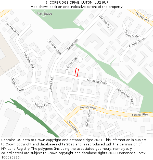 9, CORBRIDGE DRIVE, LUTON, LU2 9UF: Location map and indicative extent of plot