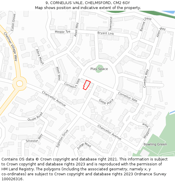 9, CORNELIUS VALE, CHELMSFORD, CM2 6GY: Location map and indicative extent of plot