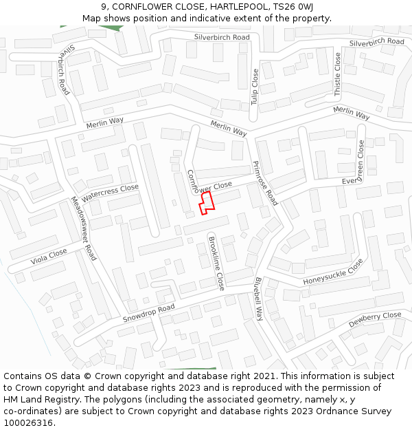 9, CORNFLOWER CLOSE, HARTLEPOOL, TS26 0WJ: Location map and indicative extent of plot