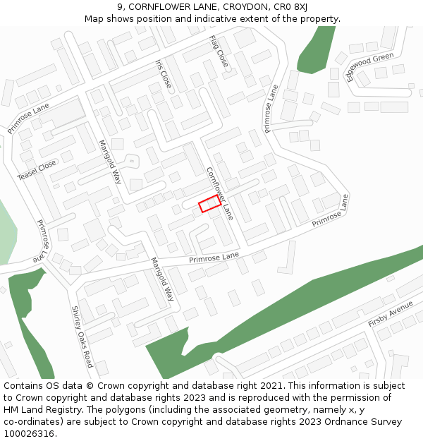 9, CORNFLOWER LANE, CROYDON, CR0 8XJ: Location map and indicative extent of plot